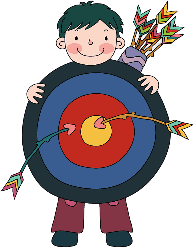 Ilustración de un niño con una diana y flechas